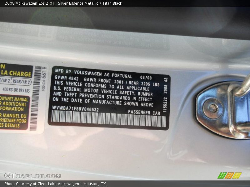 Silver Essence Metallic / Titan Black 2008 Volkswagen Eos 2.0T