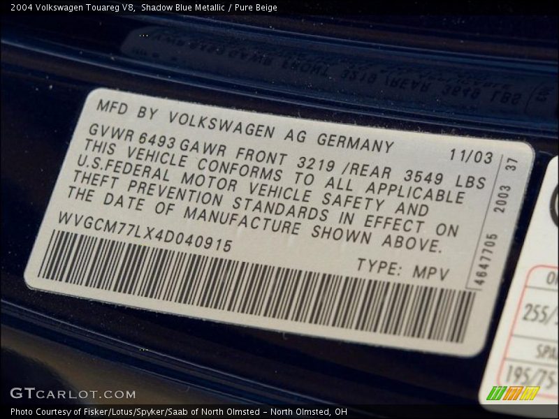 Info Tag of 2004 Touareg V8