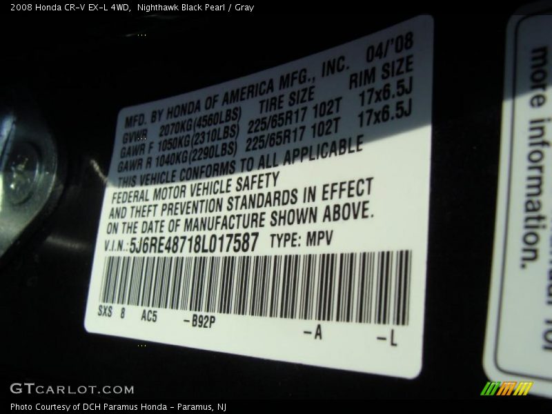 Nighthawk Black Pearl / Gray 2008 Honda CR-V EX-L 4WD