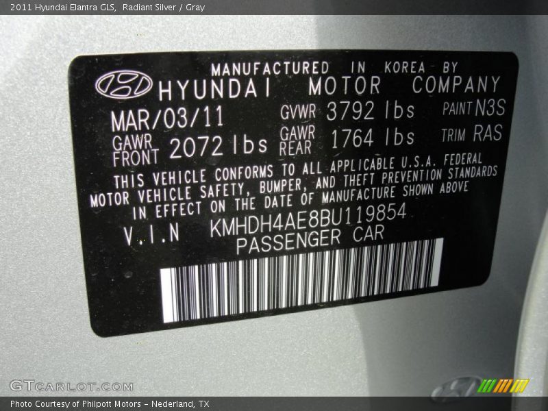 Radiant Silver / Gray 2011 Hyundai Elantra GLS