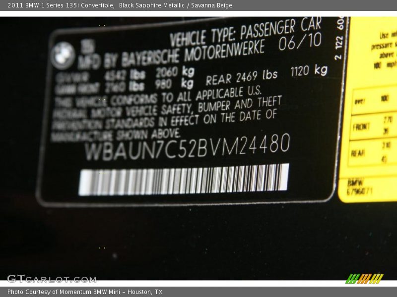 Black Sapphire Metallic / Savanna Beige 2011 BMW 1 Series 135i Convertible