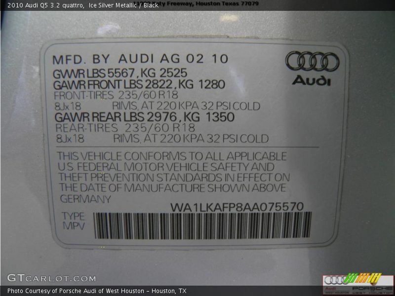 Ice Silver Metallic / Black 2010 Audi Q5 3.2 quattro