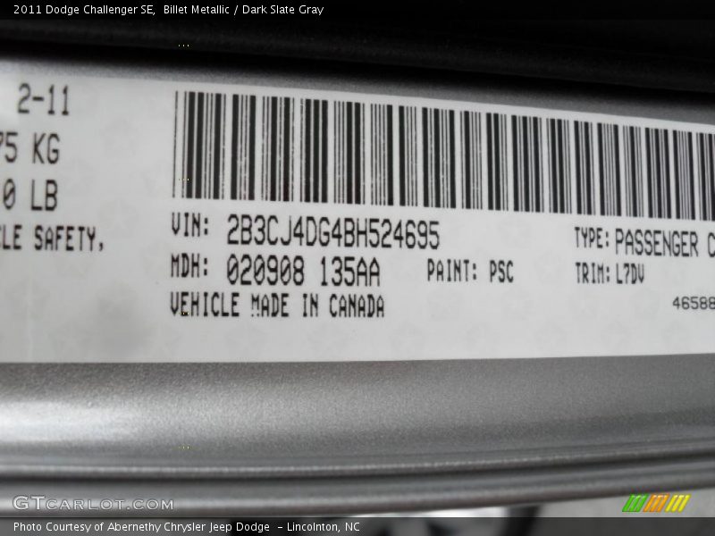 2011 Challenger SE Billet Metallic Color Code PSC