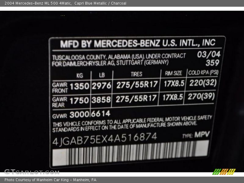 Capri Blue Metallic / Charcoal 2004 Mercedes-Benz ML 500 4Matic