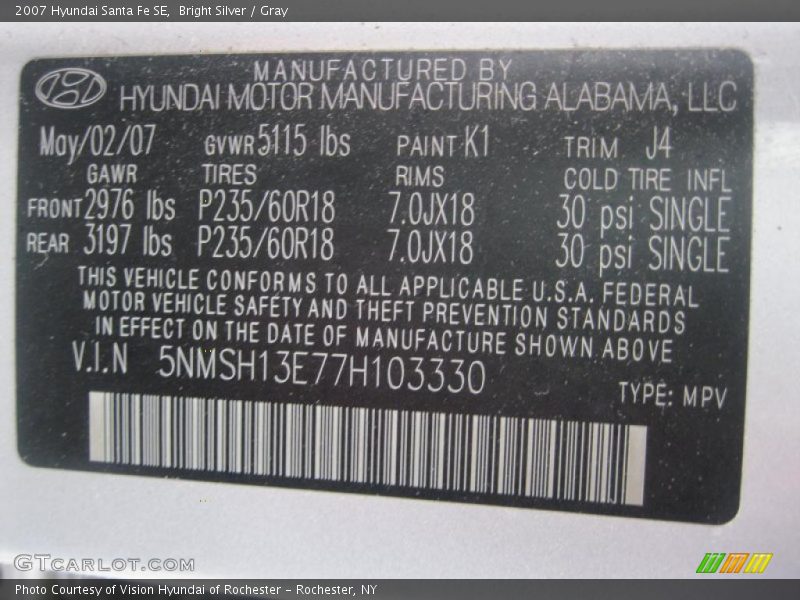Bright Silver / Gray 2007 Hyundai Santa Fe SE