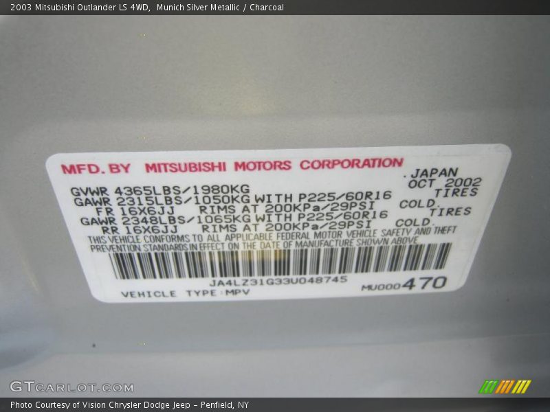 Munich Silver Metallic / Charcoal 2003 Mitsubishi Outlander LS 4WD