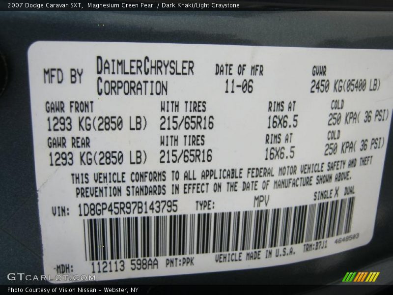 2007 Caravan SXT Magnesium Green Pearl Color Code PPK