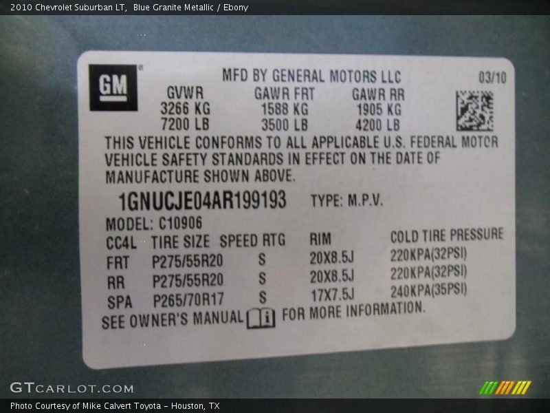 Info Tag of 2010 Suburban LT