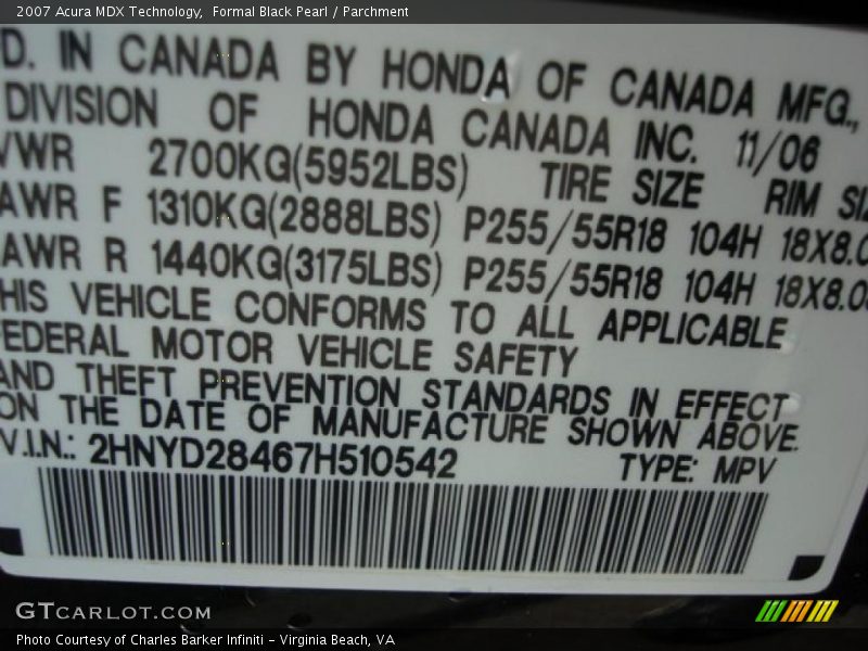 Formal Black Pearl / Parchment 2007 Acura MDX Technology
