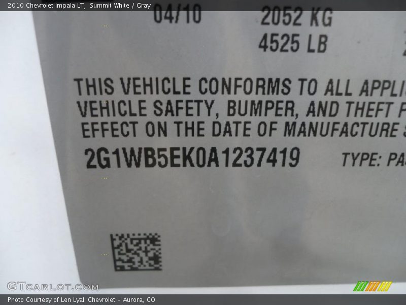 Summit White / Gray 2010 Chevrolet Impala LT