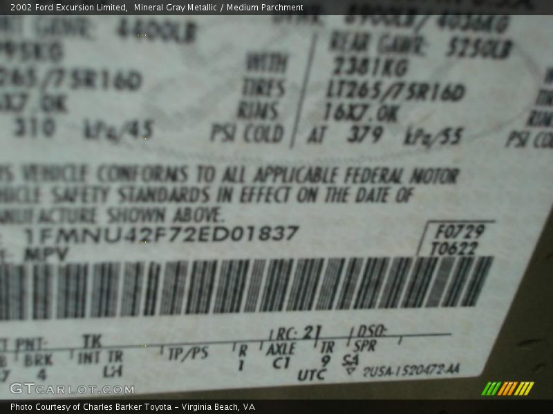 Mineral Gray Metallic / Medium Parchment 2002 Ford Excursion Limited