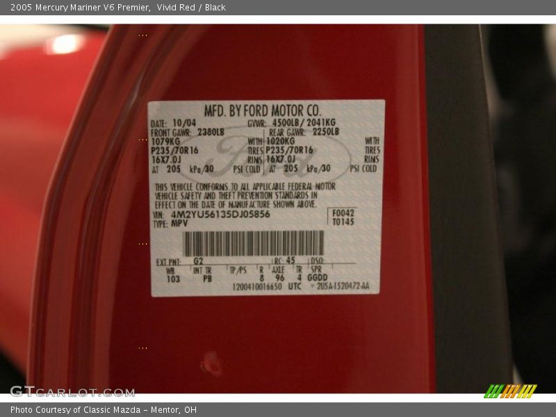2005 Mariner V6 Premier Vivid Red Color Code G2