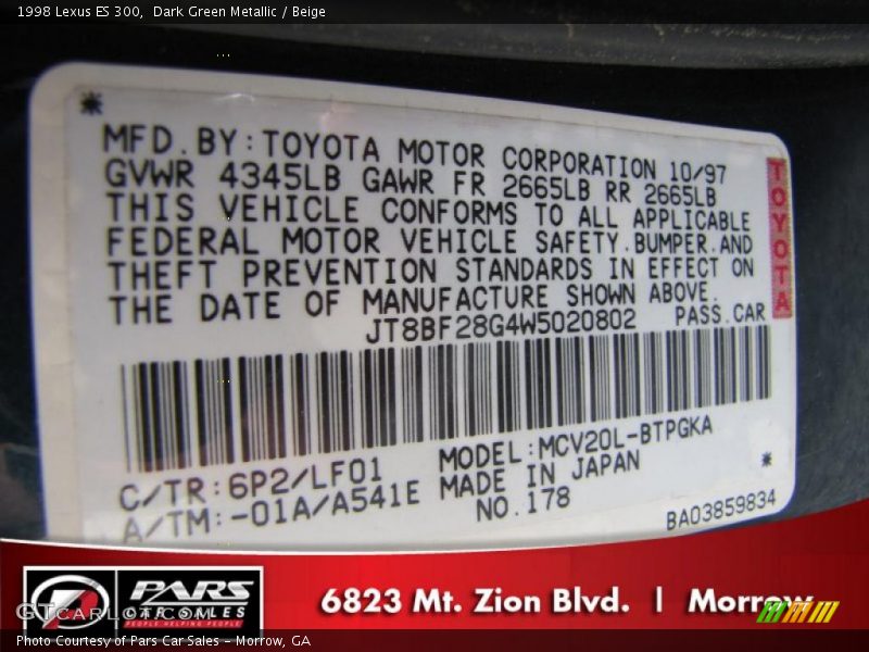 Dark Green Metallic / Beige 1998 Lexus ES 300