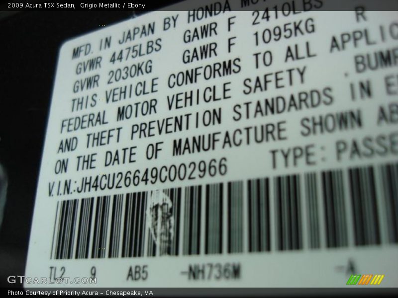 Grigio Metallic / Ebony 2009 Acura TSX Sedan