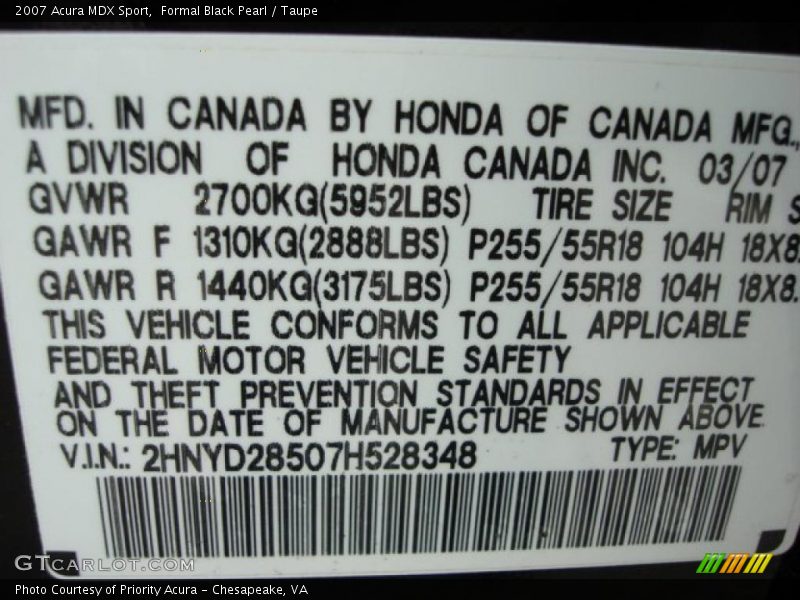 Formal Black Pearl / Taupe 2007 Acura MDX Sport