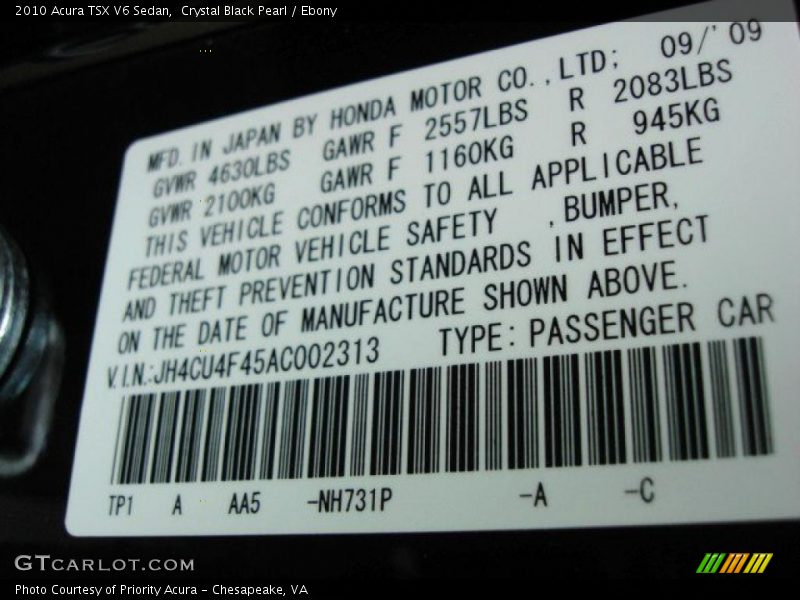 2010 TSX V6 Sedan Crystal Black Pearl Color Code NH731P