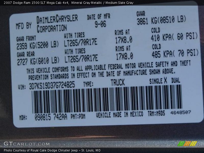 2007 Ram 1500 SLT Mega Cab 4x4 Mineral Gray Metallic Color Code PDM