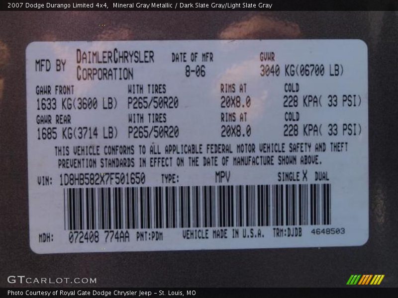 Mineral Gray Metallic / Dark Slate Gray/Light Slate Gray 2007 Dodge Durango Limited 4x4