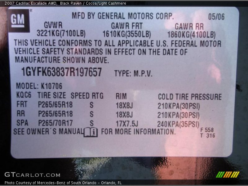 Black Raven / Cocoa/Light Cashmere 2007 Cadillac Escalade AWD