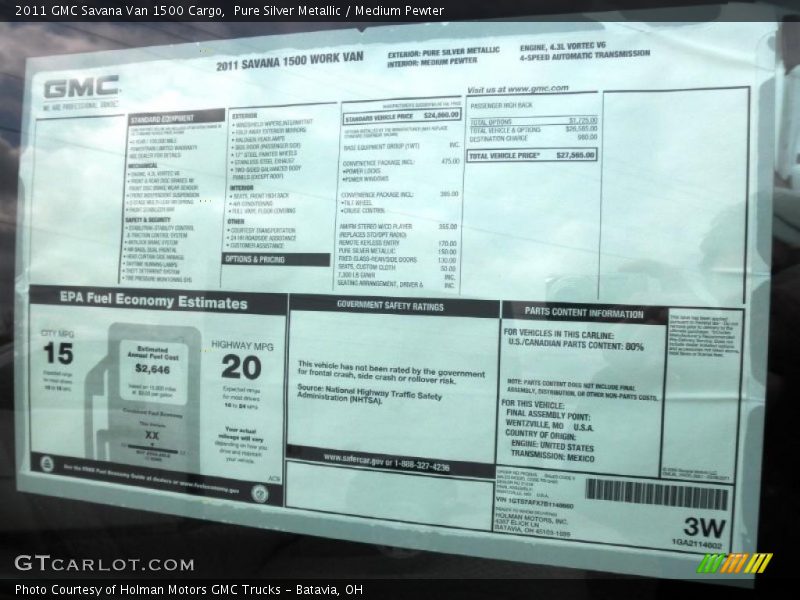  2011 Savana Van 1500 Cargo Window Sticker