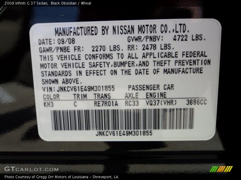2009 G 37 Sedan Black Obsidian Color Code KH3