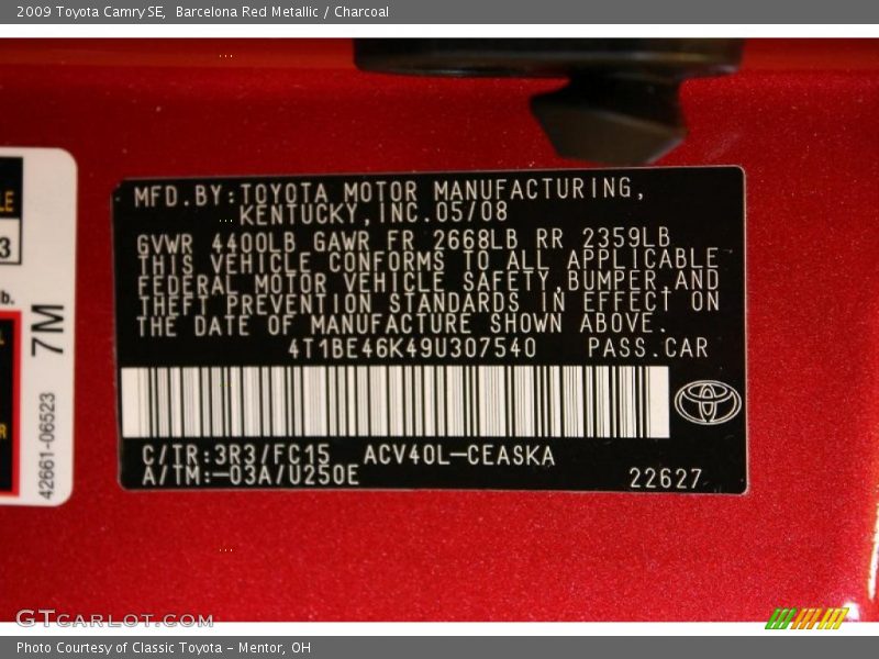Barcelona Red Metallic / Charcoal 2009 Toyota Camry SE