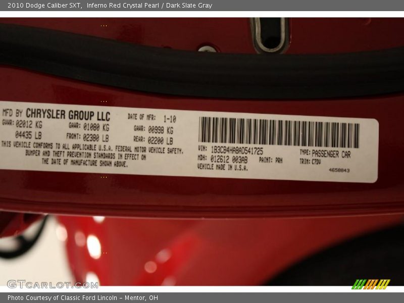 Inferno Red Crystal Pearl / Dark Slate Gray 2010 Dodge Caliber SXT