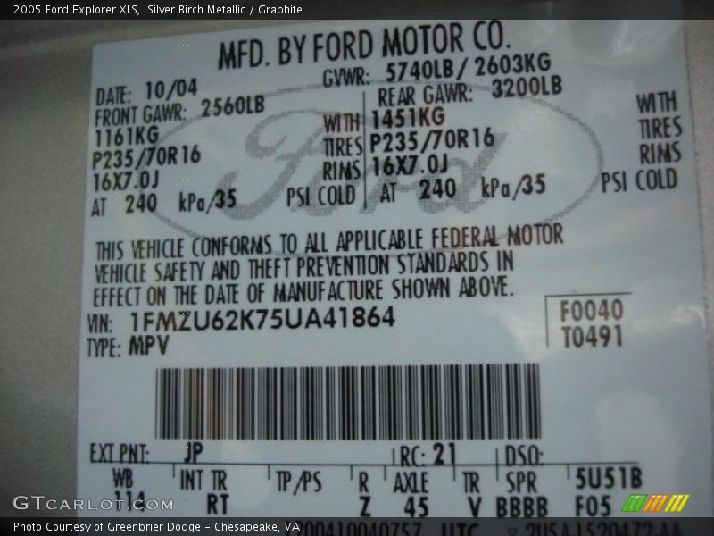 2005 Explorer XLS Silver Birch Metallic Color Code JP