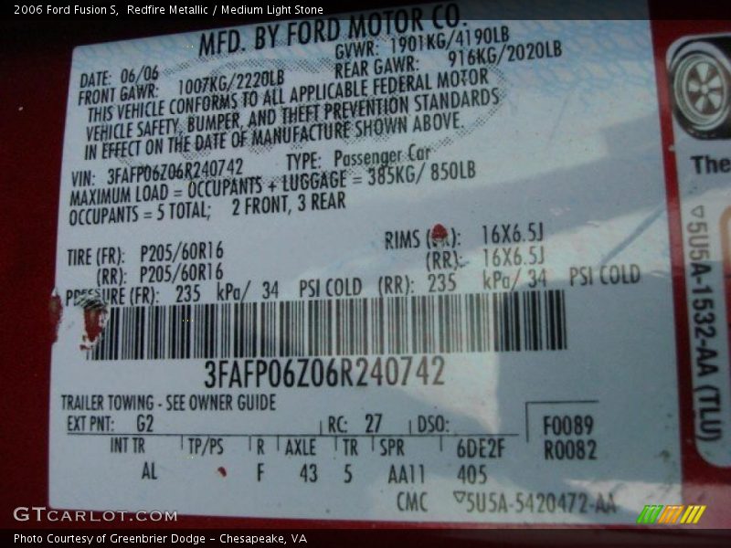 2006 Fusion S Redfire Metallic Color Code G2