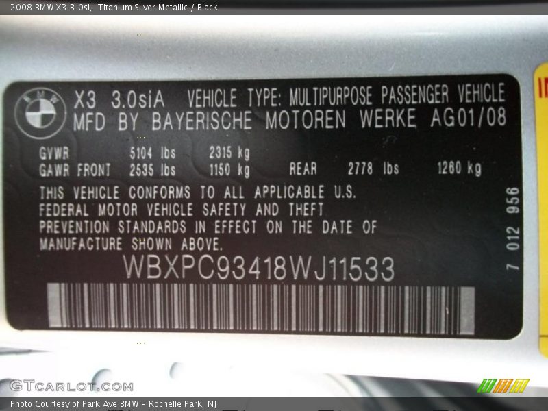 Titanium Silver Metallic / Black 2008 BMW X3 3.0si