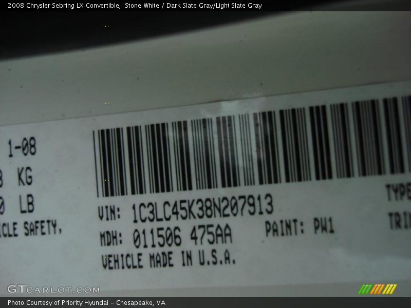 Stone White / Dark Slate Gray/Light Slate Gray 2008 Chrysler Sebring LX Convertible