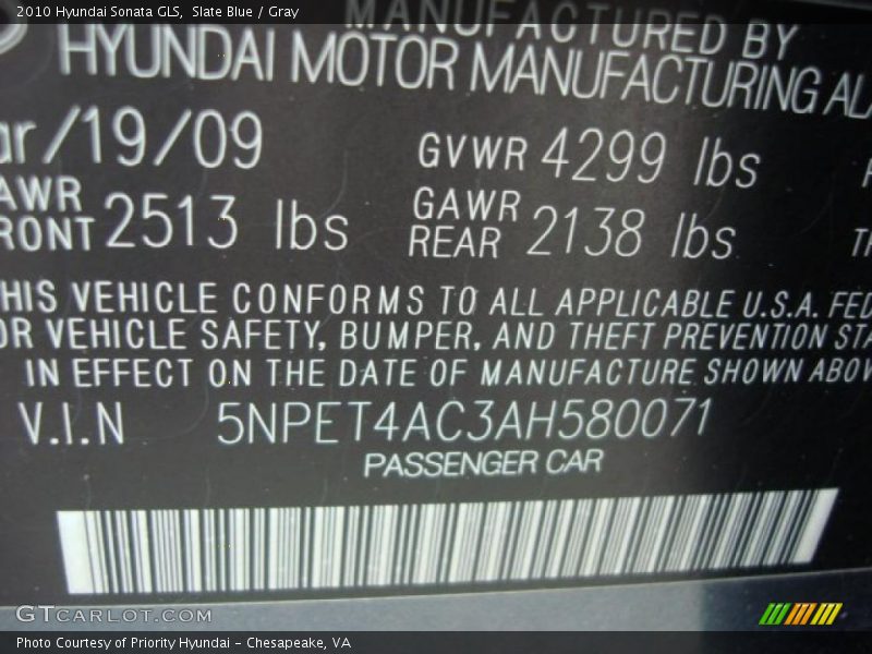 Slate Blue / Gray 2010 Hyundai Sonata GLS