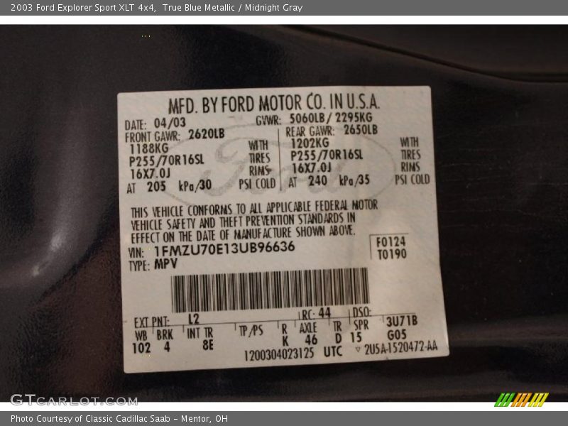 True Blue Metallic / Midnight Gray 2003 Ford Explorer Sport XLT 4x4