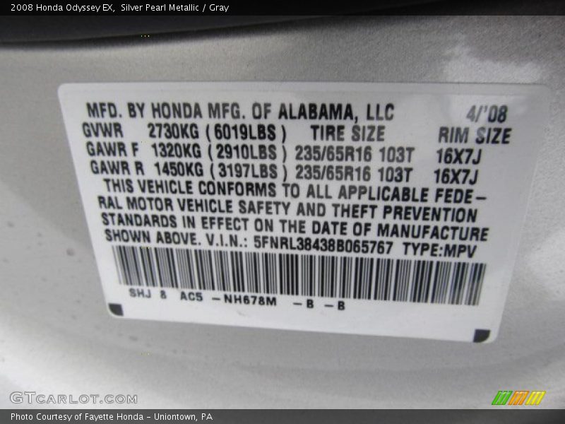 Silver Pearl Metallic / Gray 2008 Honda Odyssey EX