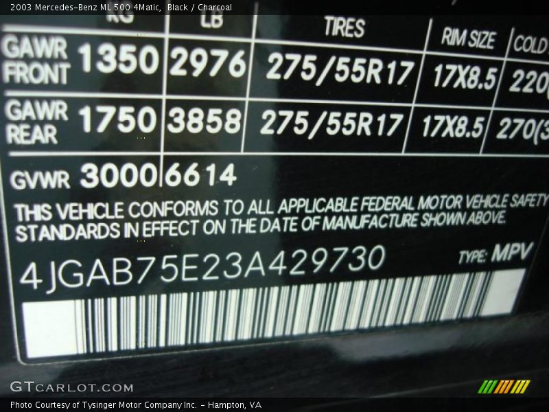 Black / Charcoal 2003 Mercedes-Benz ML 500 4Matic