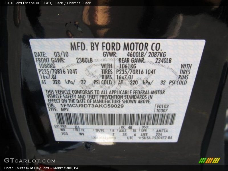 Black / Charcoal Black 2010 Ford Escape XLT 4WD
