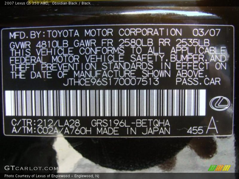 Obsidian Black / Black 2007 Lexus GS 350 AWD