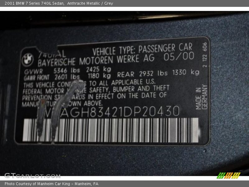 Anthracite Metallic / Grey 2001 BMW 7 Series 740iL Sedan