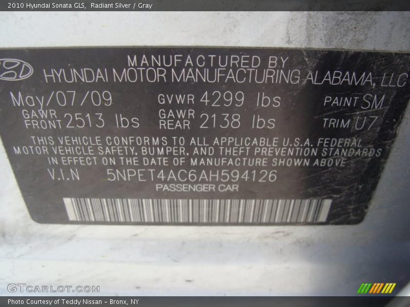 Radiant Silver / Gray 2010 Hyundai Sonata GLS