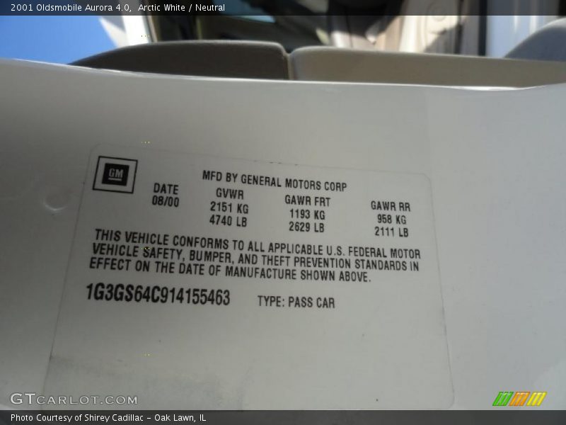 Arctic White / Neutral 2001 Oldsmobile Aurora 4.0