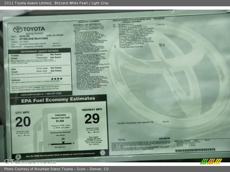 Blizzard White Pearl / Light Gray 2011 Toyota Avalon Limited