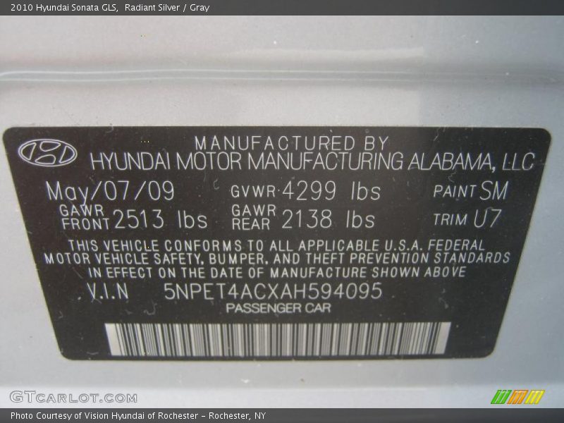 Radiant Silver / Gray 2010 Hyundai Sonata GLS