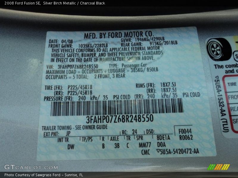 Silver Birch Metallic / Charcoal Black 2008 Ford Fusion SE