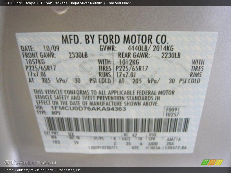 Ingot Silver Metallic / Charcoal Black 2010 Ford Escape XLT Sport Package