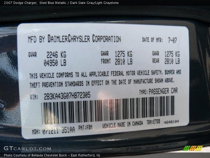 Steel Blue Metallic / Dark Slate Gray/Light Graystone 2007 Dodge Charger