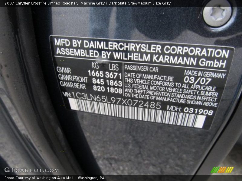 Info Tag of 2007 Crossfire Limited Roadster