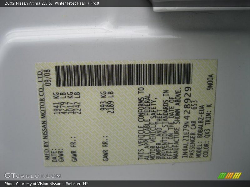 Winter Frost Pearl / Frost 2009 Nissan Altima 2.5 S