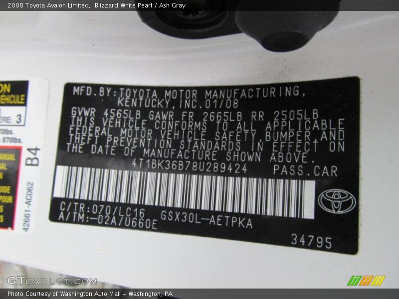 Blizzard White Pearl / Ash Gray 2008 Toyota Avalon Limited