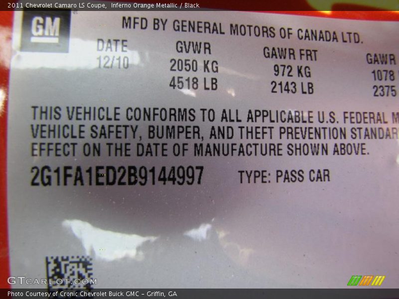 Inferno Orange Metallic / Black 2011 Chevrolet Camaro LS Coupe