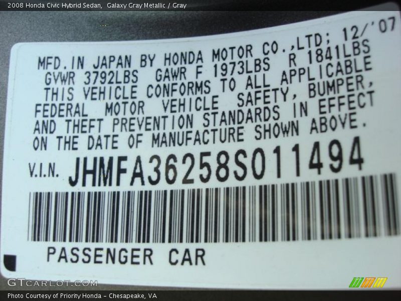 Galaxy Gray Metallic / Gray 2008 Honda Civic Hybrid Sedan